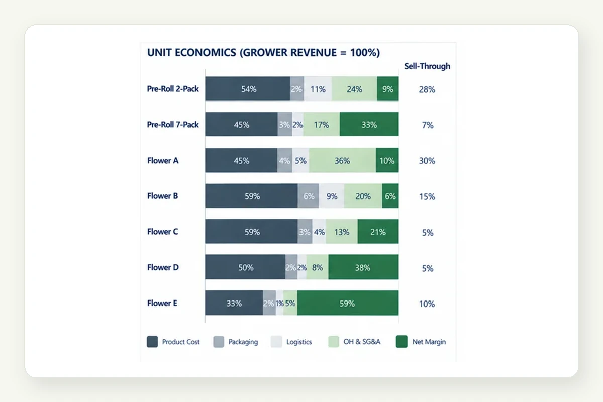 Unit economics chart showing product costs, packaging and margins