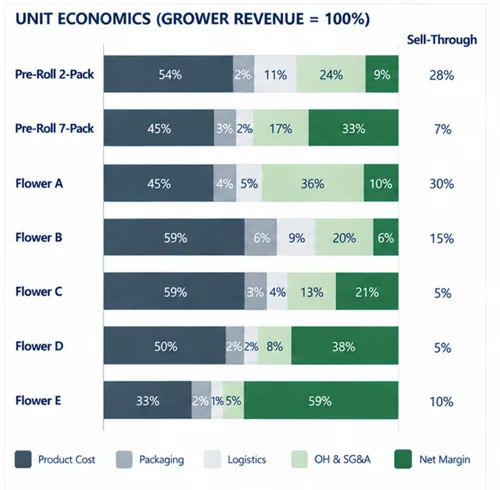 Unit economics chart illustrating product costs, packaging, operating overhead and margins