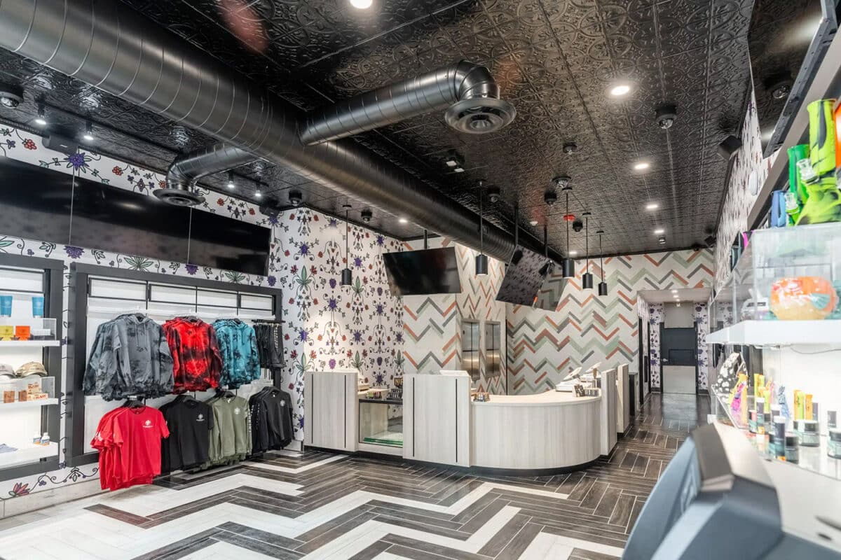 Interior of a Waabigwan Mashkiki, a recreational cannabis dispensary in Minnesota featuring flower and cannabis products for adult use.