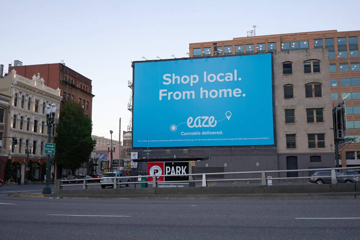 Medical cannabis delivery app Eaze, "the Uber of weed", is seen advertising its service on a giant outdoor billboard in downtown Portland.
