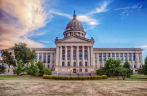 Oklahoma State Capitol building representing Gov. Stitt's push to revote on cannabis laws in Oklahoma.