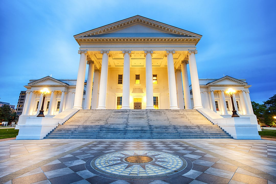 The Virginia State Capitol building in downtown Richmond, Virginia., representing cannabis legalization policy and Virginia weed laws.